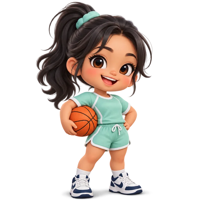Maskot chibi berpakaian olahraga mint memegang bola dengan pose penuh semangat
