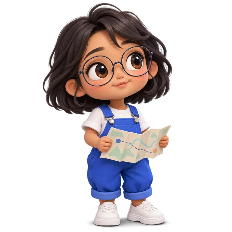 Maskot chibi berkacamata membawa peta untuk menjelajahi komunitas