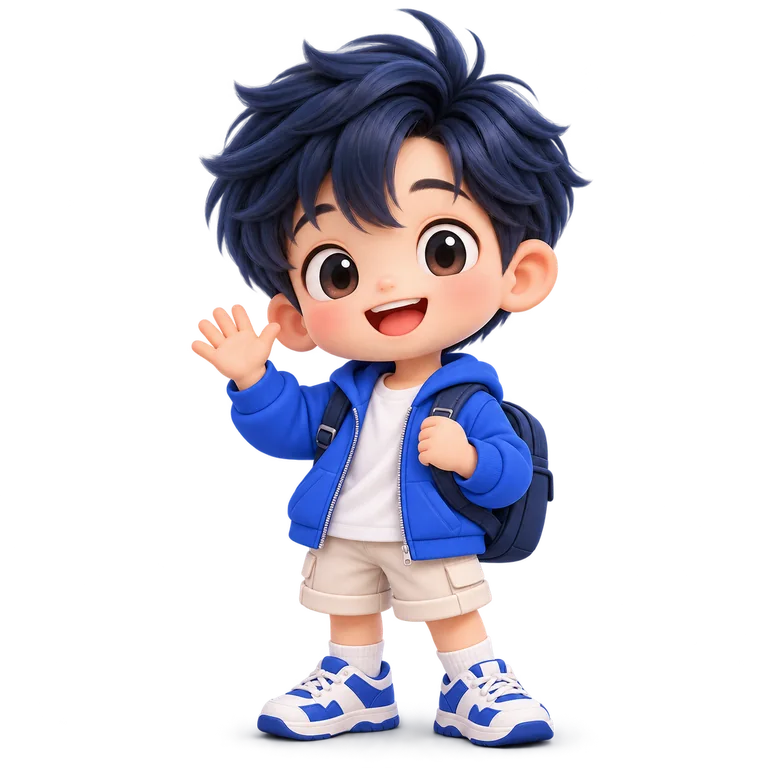 Maskot chibi berjaket biru melambaikan tangan menyambut penjelajah komunitas