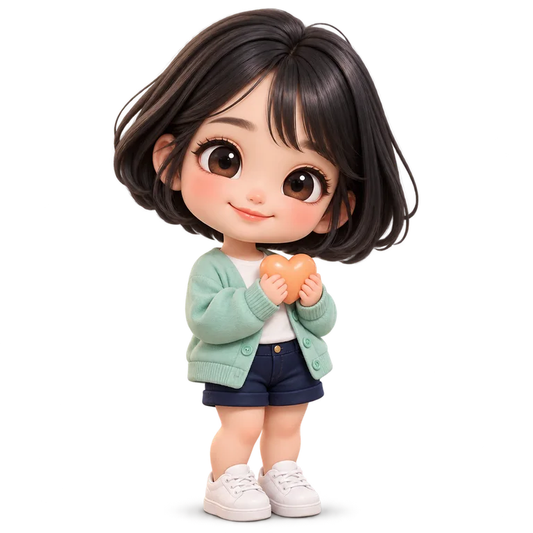 Maskot chibi berkardigan mint memegang hati dengan senyum hangat